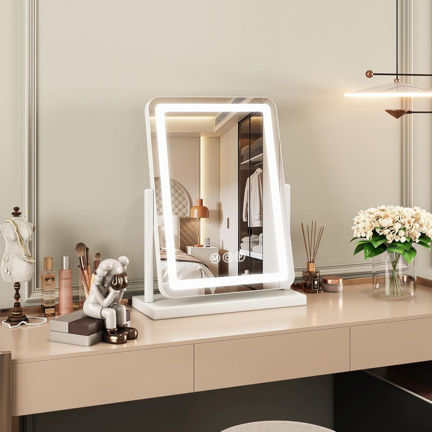 Vanity Mirror with Lights, 18"x13" Lighted  Smart Touch Control 360° Rotation Detachable