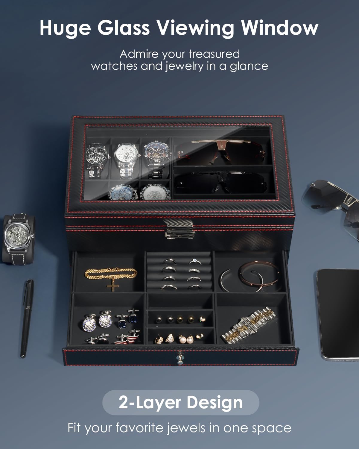 6-Slot 2-Layer Watch Case and Sunglasses Storage with Large Glass Lid, Men's Jewelry Box with Lock