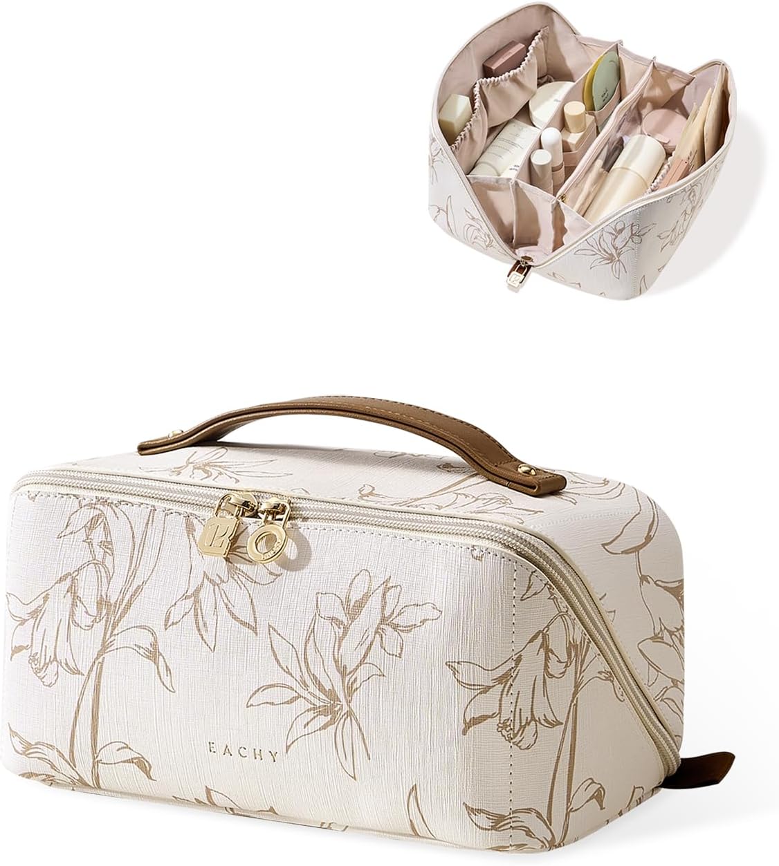 Travel Makeup Bag, Large Capacity Cosmetic Bags for Women, Waterproof Portable Pouch Open Flat Toiletry Bag Pattern Make up Bag (F-Beige)