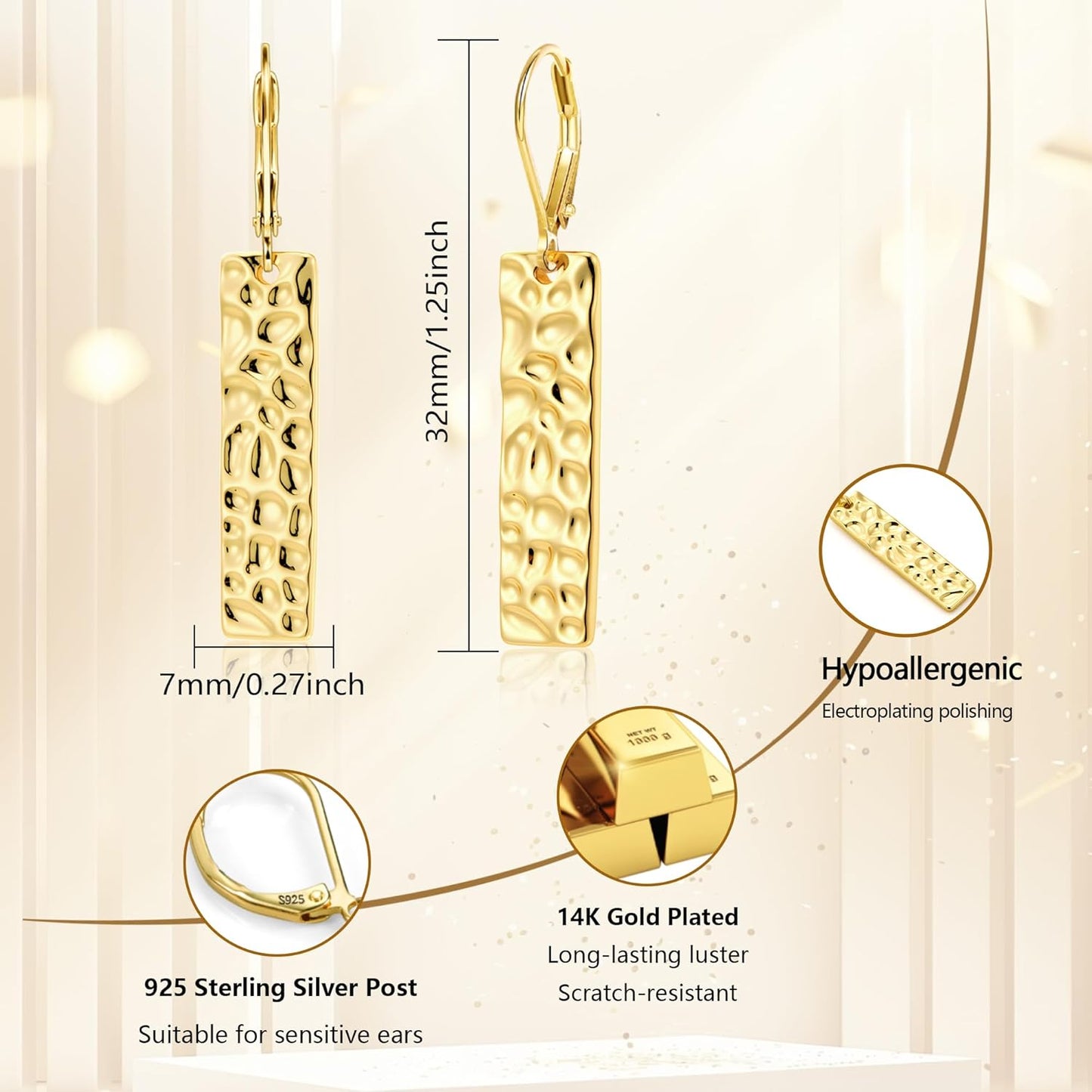 925 Sterling Silver Dangle Earrings for Women, 14K Gold Plated French Leverback Earrings, Hypoallergenic Lightweight Statement