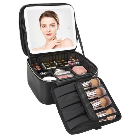 Travel Makeup Bag With LED Mirror, Portable Makeup Artist Organizer Bag with Adjustable Dividers