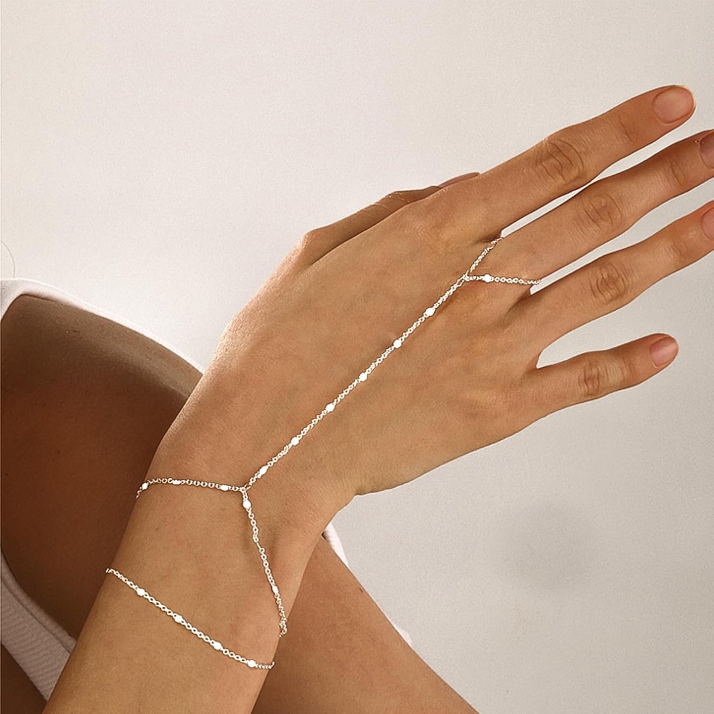 Bracelets for Women 14K Gold Silver Plated Ring Bracelet Hand Chain Dainty Evil Eye Heart Clover