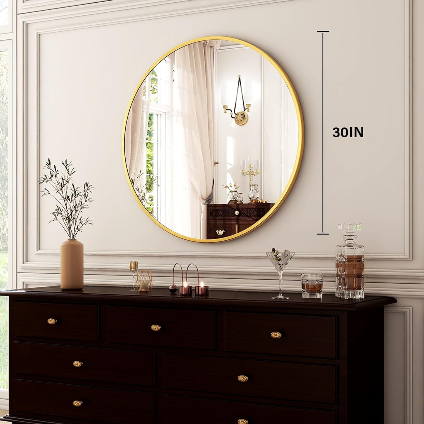 Round Mirror 30 Gold Wall Mirrors Vanity Mirror with Brushed Aluminum Alloy Frame Modern