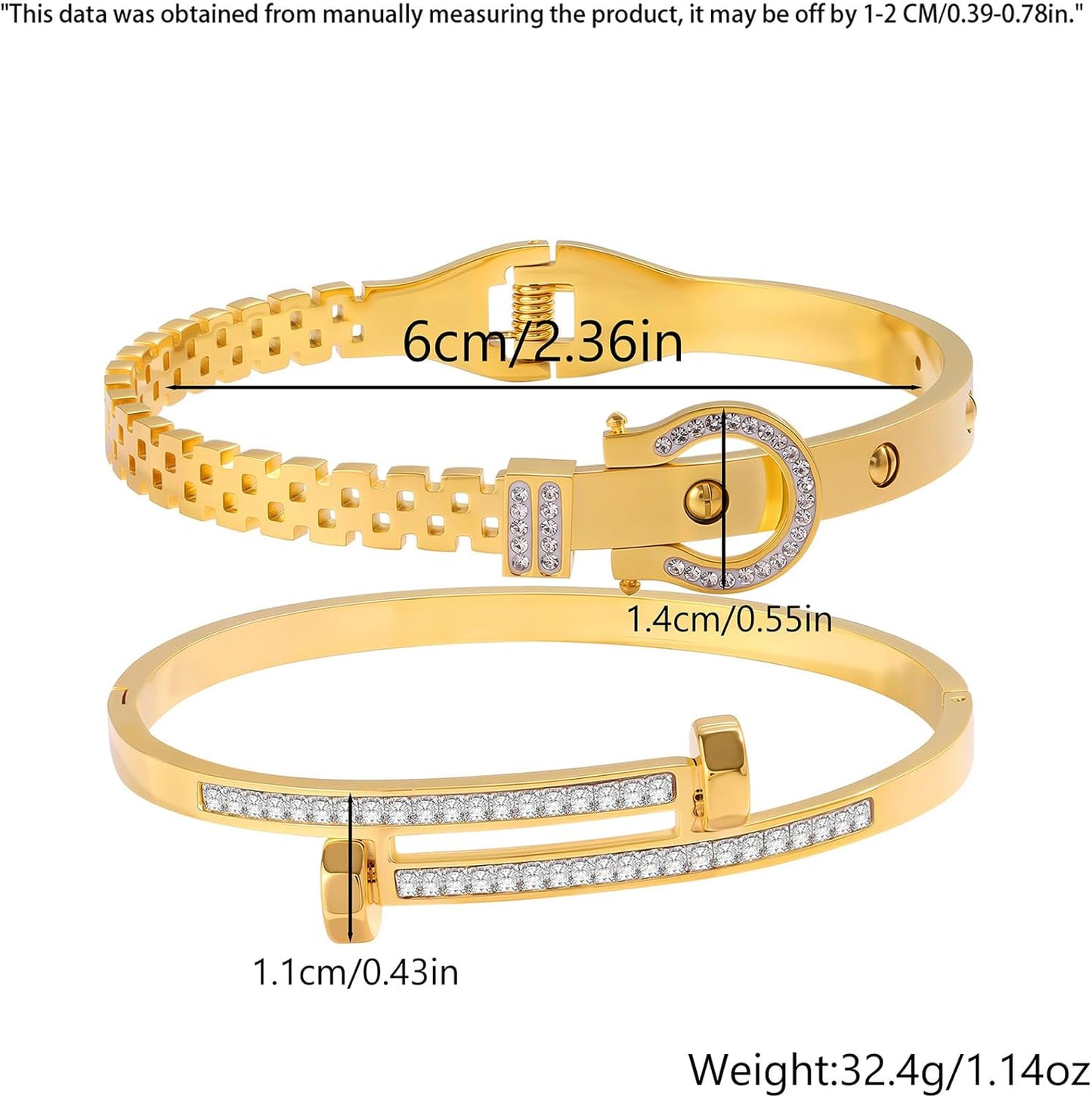 2PCS Gold Bracelets for Women Friendship & Love Theme Crystal Bangle Set Stainless Steel Non Tarnish Jewelry