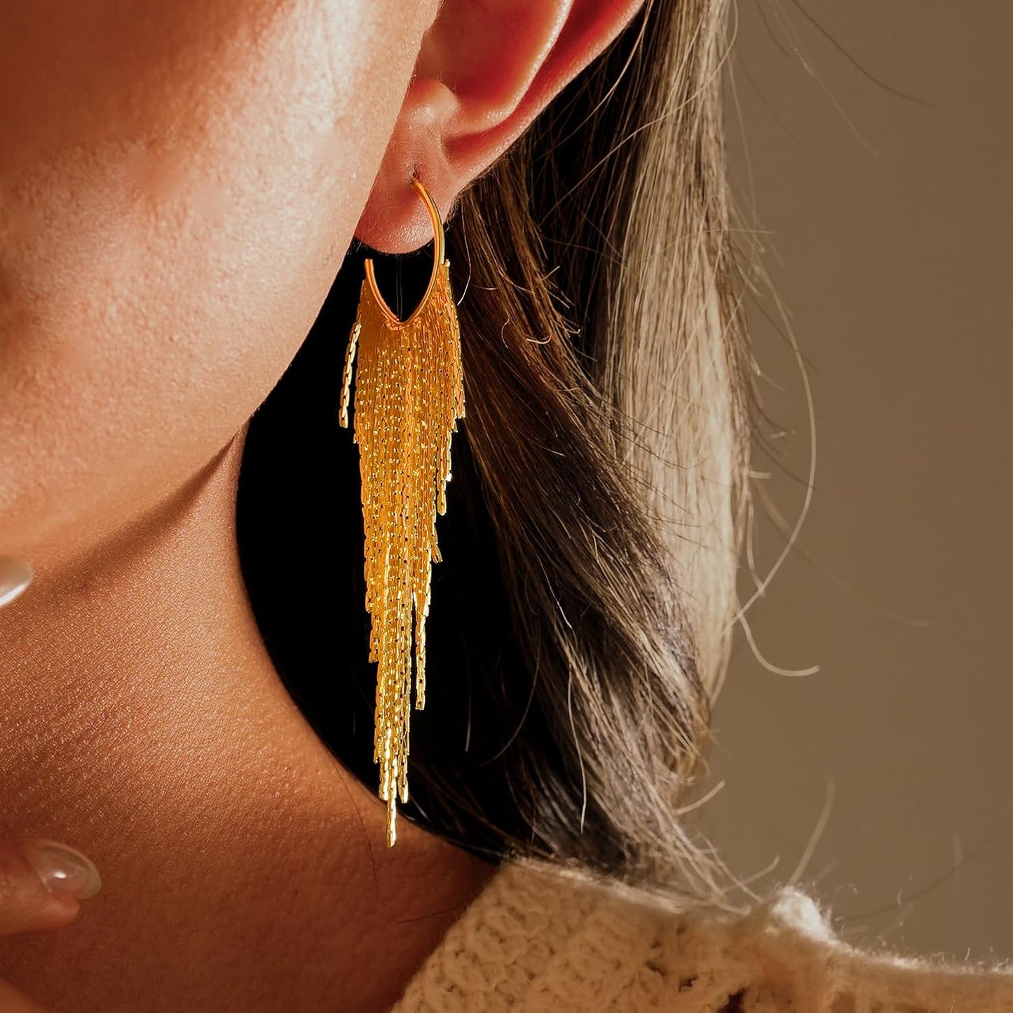 Gold Earrings for Women, 14K Gold Plated Tassel Dangle Earrings for Women Trendy Hypoallergenic Long Chain Earring