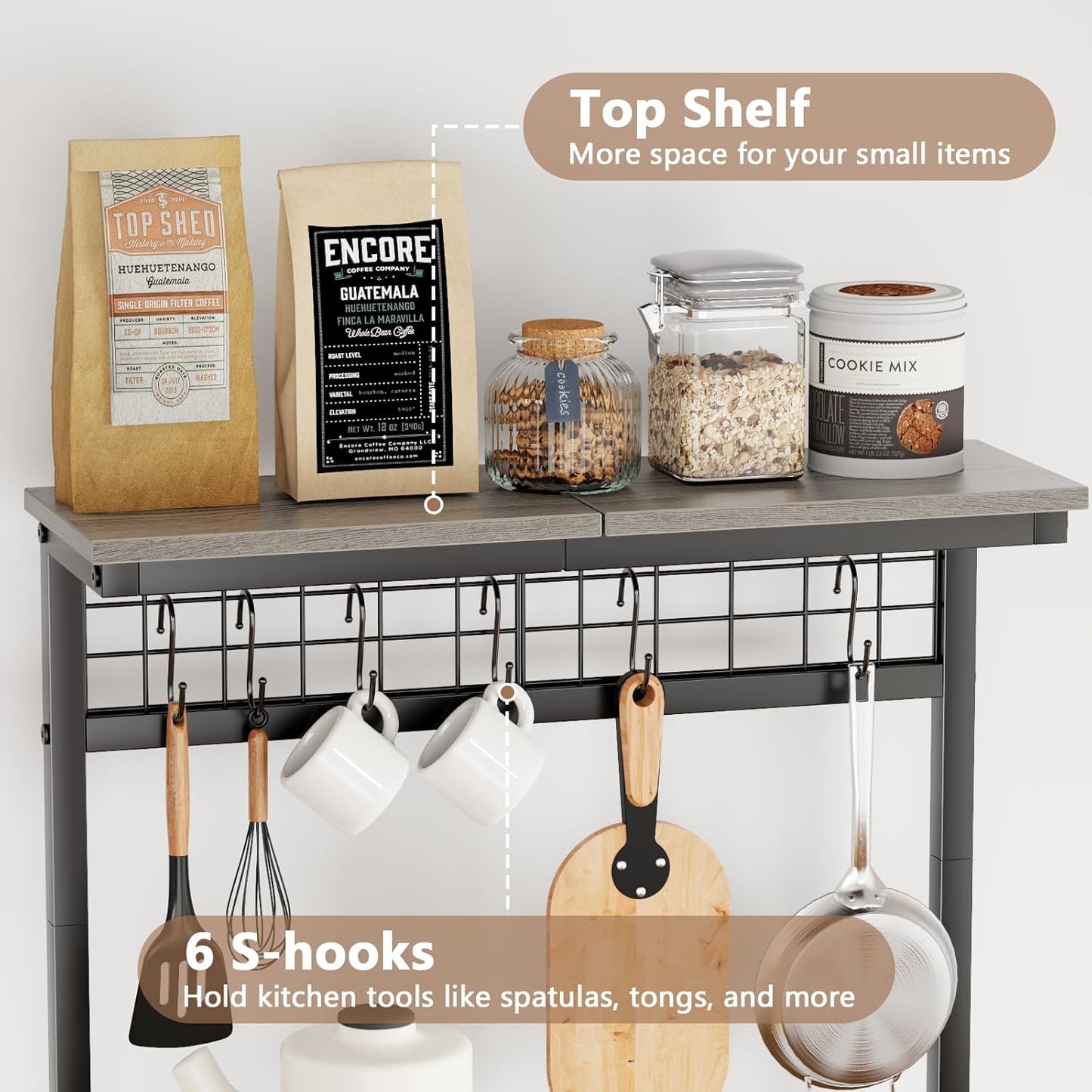 Bakers Rack, Microwave Stand with Storage 4 Tiers, Coffee Bar Station with 6 S Hooks and Pegboard