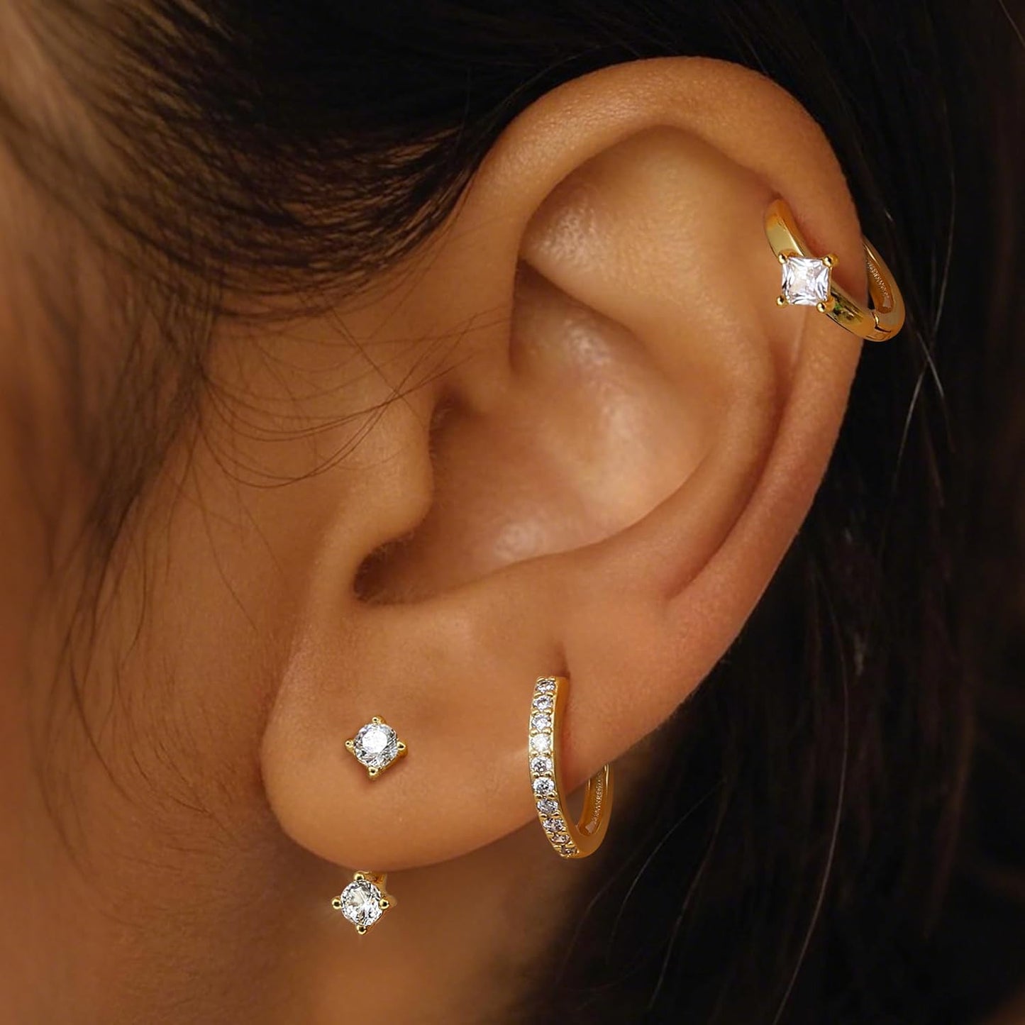 3Pairs 925 Sterling Silver, 14K Gold Plated Small Huggie Hoop Earrings Sets for Multiple Piercing CZ Cartilage Earrings Stacks