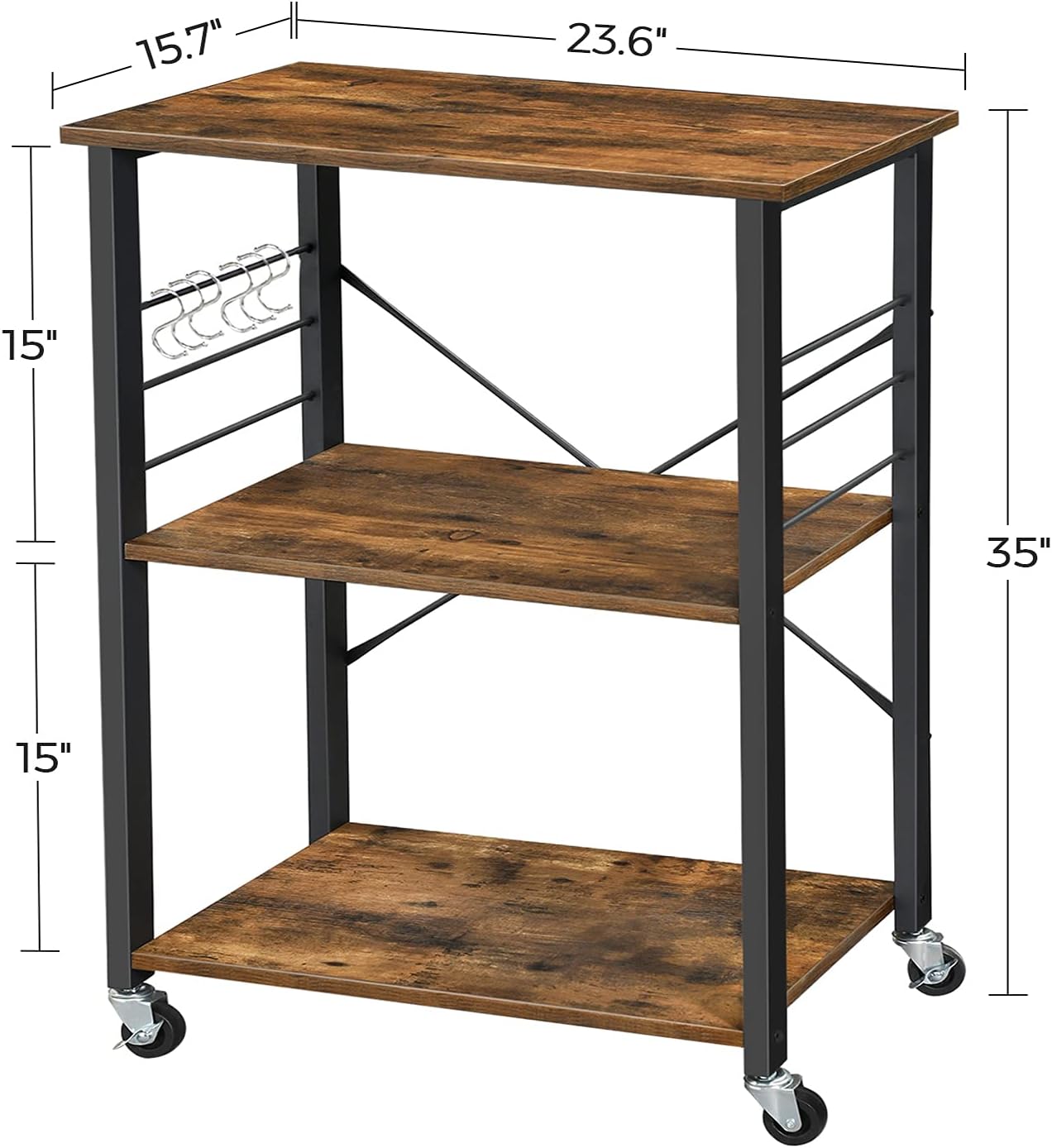 Kitchen Shelf on Wheels, Serving Cart with 3 Shelves,with 6 Hooks