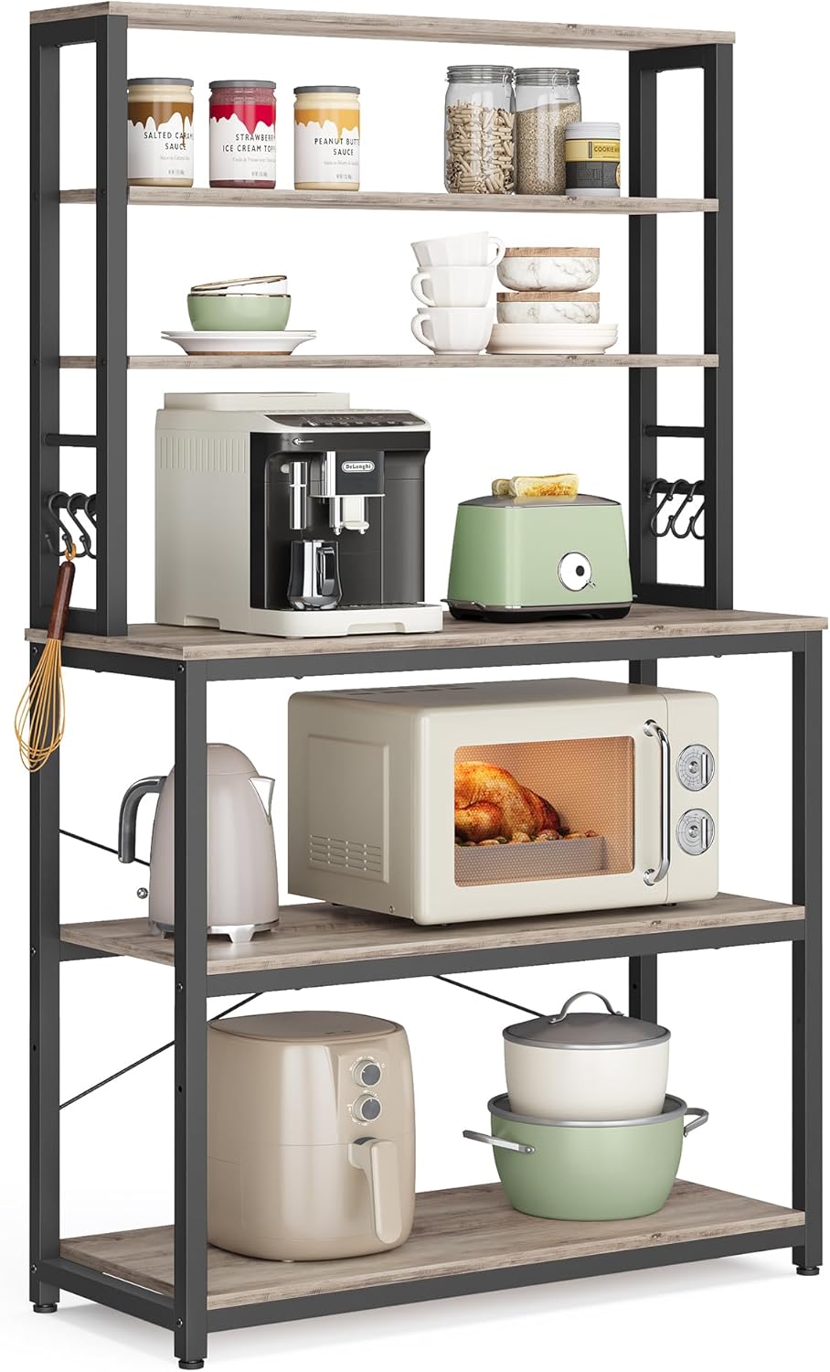 Coffee Bar, 31.5 Inches Baker's Rack for Kitchen with Storage, 6-Tier Kitchen Shelves with 6 Hooks, Microwave Stand