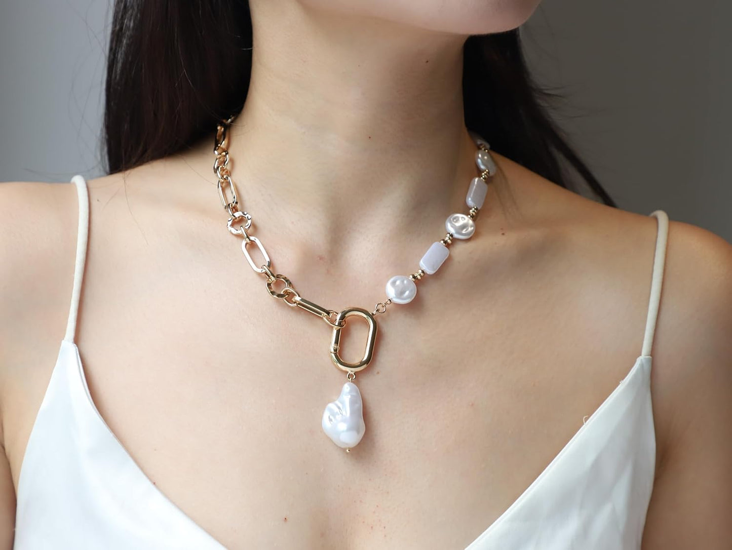 Statement Mixed Chain & Chunky Organic Pearl Choker Necklace for Women - Trendy Layered Jewelry
