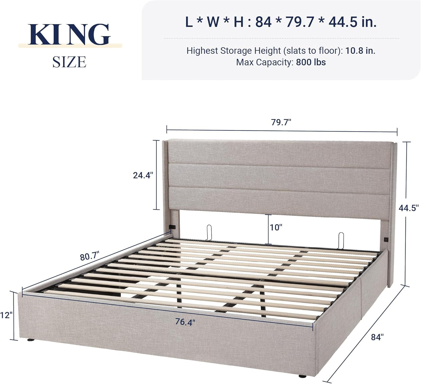 King Size Lift Up Storage Bed, Modern Wingback Headboard, Hydraulic Support, No Box Spring Needed