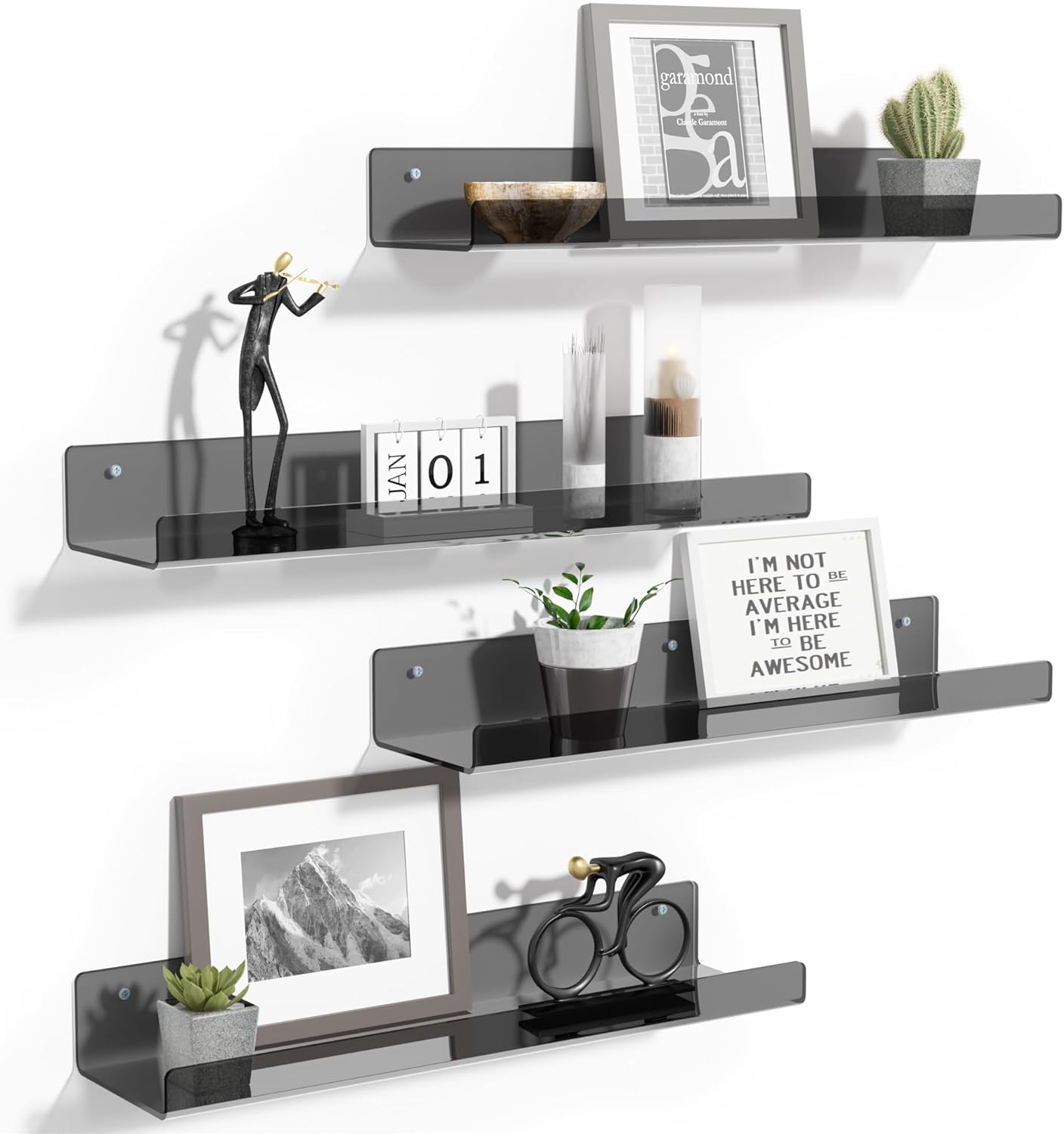 Acrylic Shelves for Bathroom Storage, 15" Floating Shelves Wall Organizer, 4 Pack