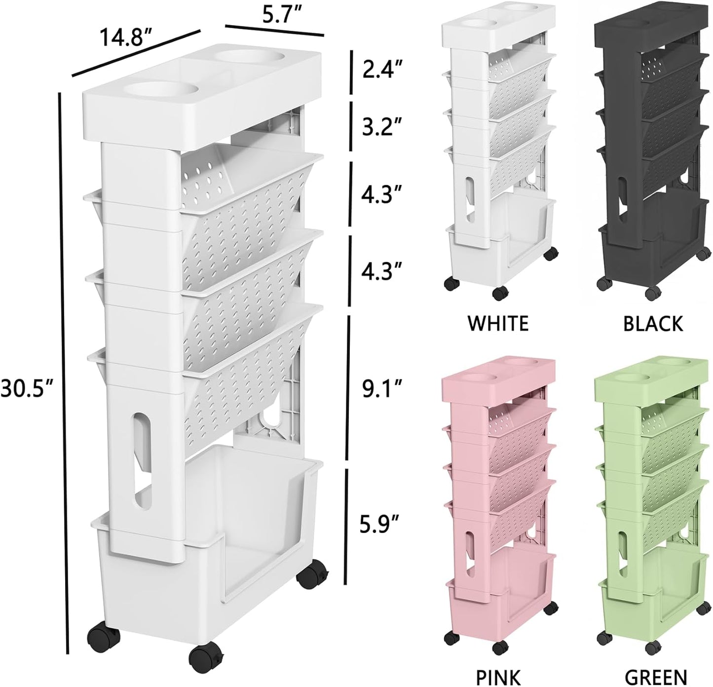 5-Tier Mobile Bookshelf, Rolling Bookcase Book Storage Rack, Movable File Folder Organizer Cart