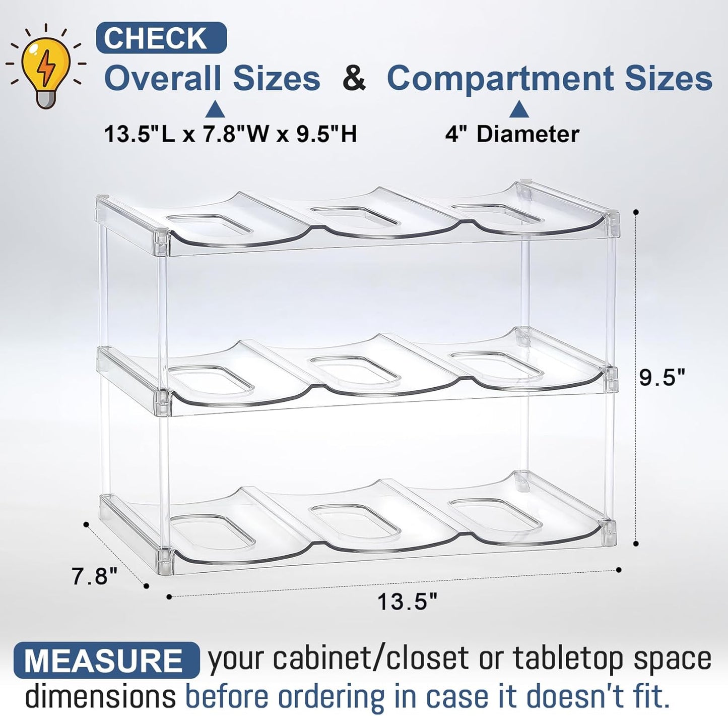 LARGER Compartment - Stackable Water Bottle Organizer Holder - 3 Tier Hold 9