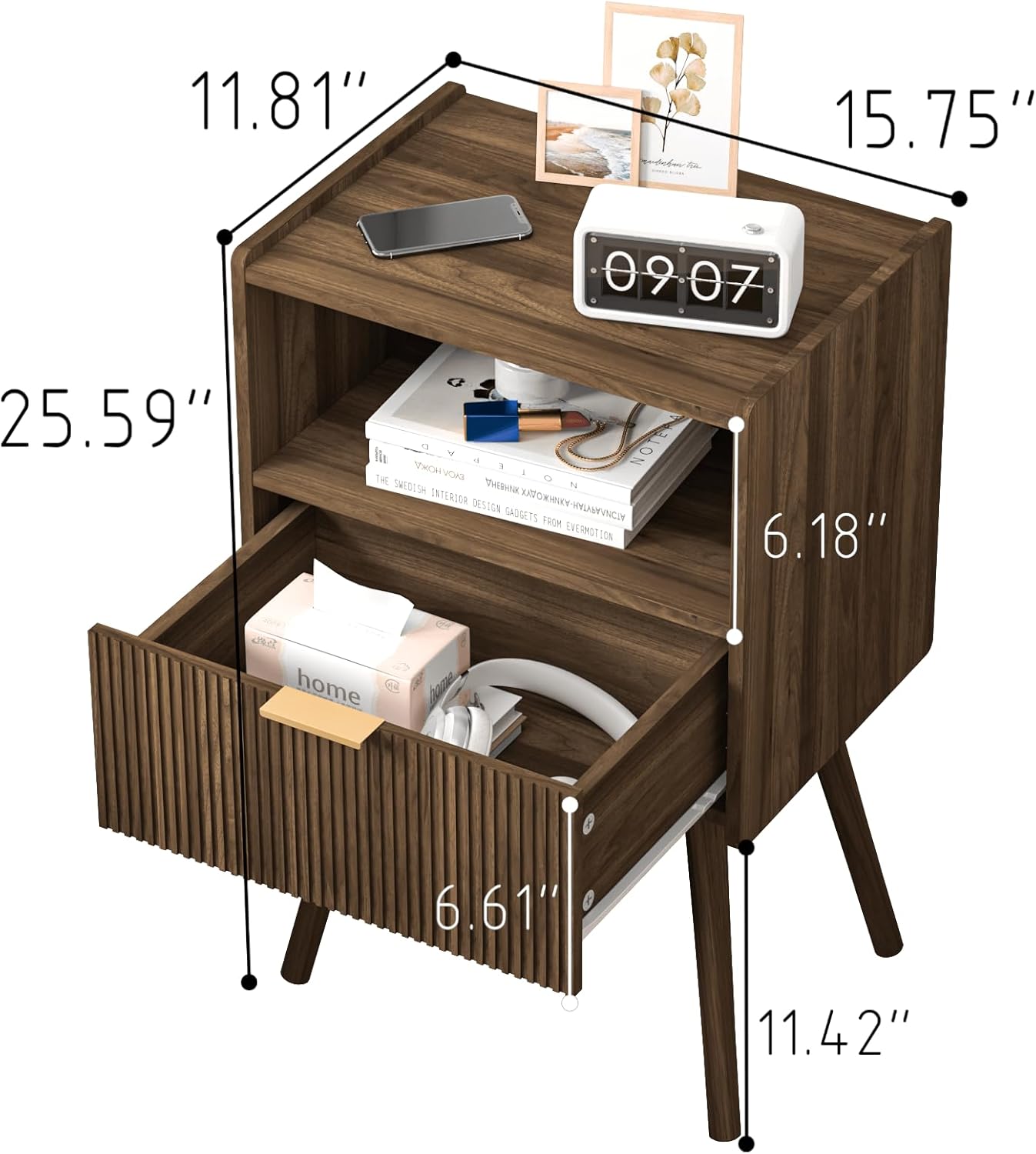 Nightstand, with Storage Drawer and Open Wood Shelf,  Accent Night Stand Easy Assembly