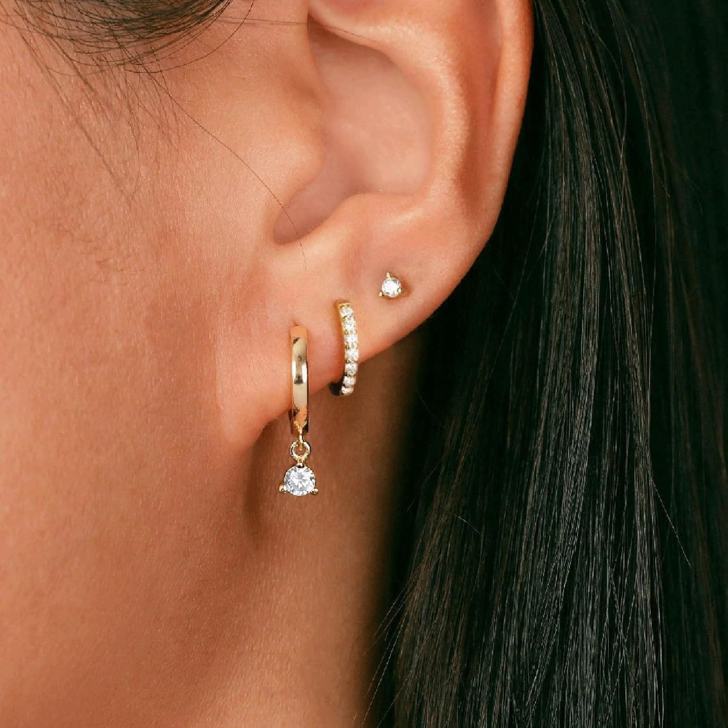 3 Pairs Small Gold Hoop Earring, 14K Gold Plated Earring Stacks Butterfly Heart Star Moon Bow Four Leaf Rhombus Round CZ Pearl