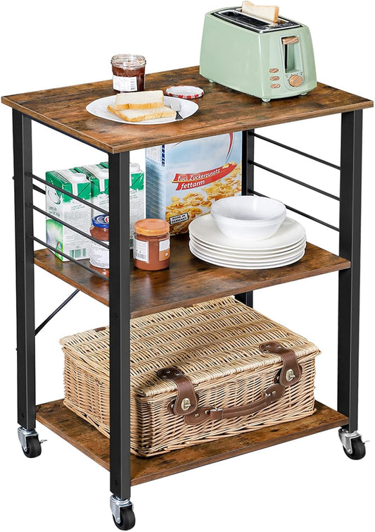 Kitchen Shelf on Wheels, Serving Cart with 3 Shelves,with 6 Hooks
