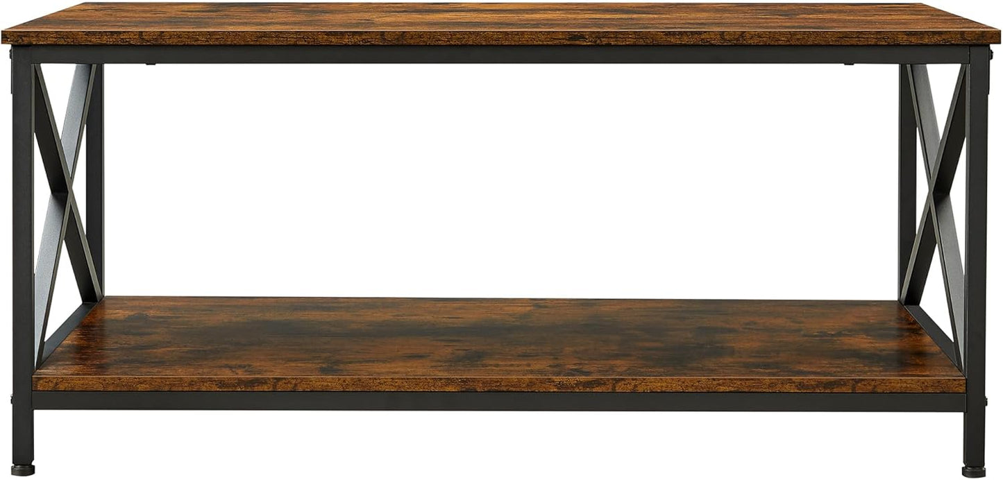 Coffee Table, Cocktail Table with Storage Shelf and X-Shape Steel Frame, Industrial Farmhouse Style