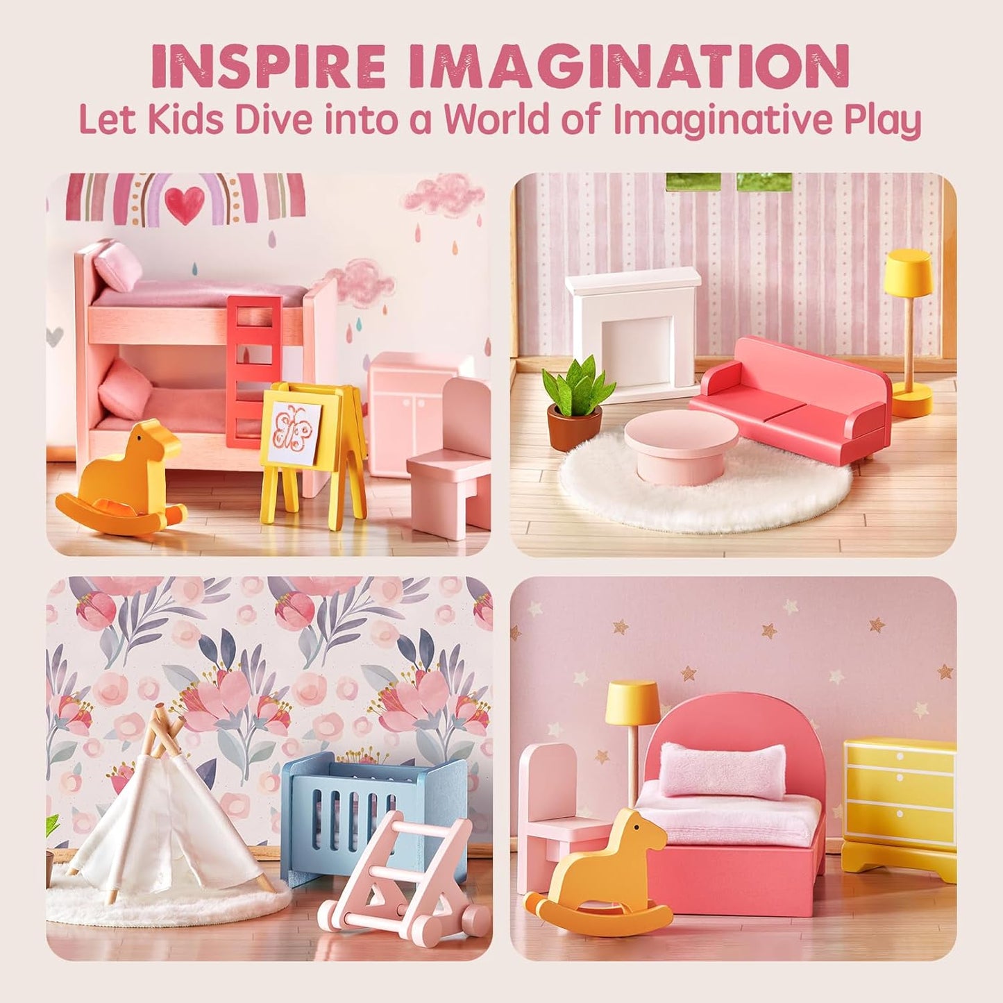 OMOMMD Wooden Dollhouse for Girls - 6 Rooms Wooden Doll House, DIY Pretend Doll House with 31Pcs Furniture Accessories, Creative Gift for Girl Ages 3+