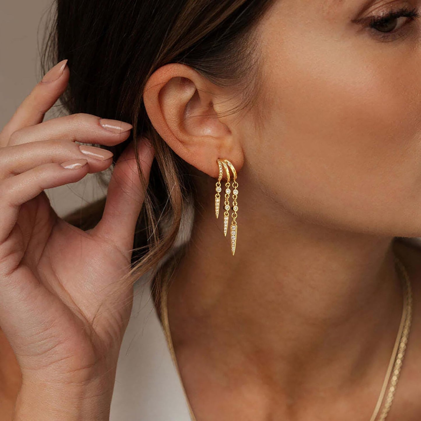 Dangle Earrings for Women,14k Gold Plated Triple Huggie Stud Earrings Cute Statement Chain Earring Dainty Drop