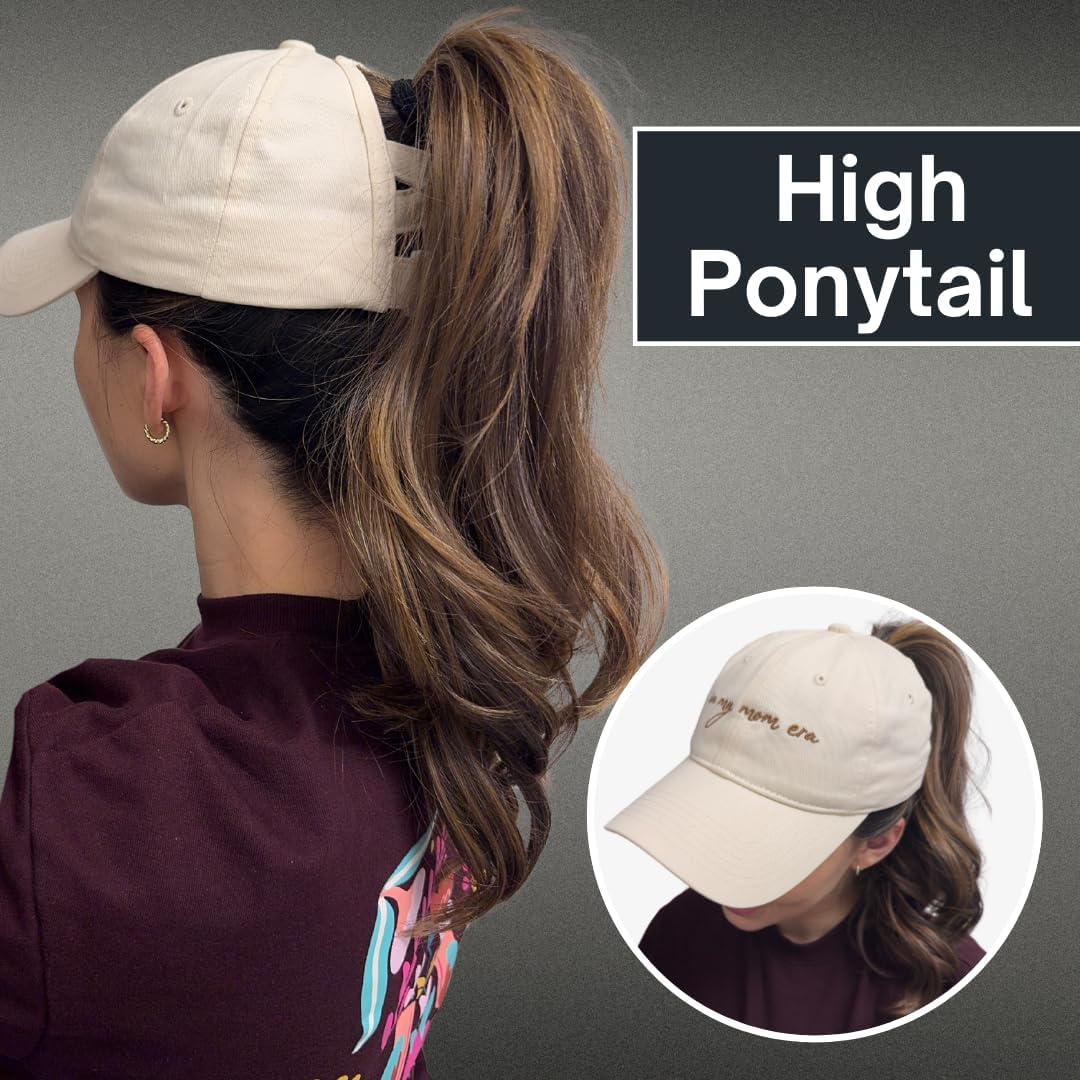 in My Mom Era Hat - Beige Baseball Cap for Moms, High Ponytail Hole, Minimalist Design