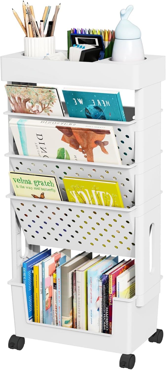 5-Tier Mobile Bookshelf, Rolling Bookcase Book Storage Rack, Movable File Folder Organizer Cart