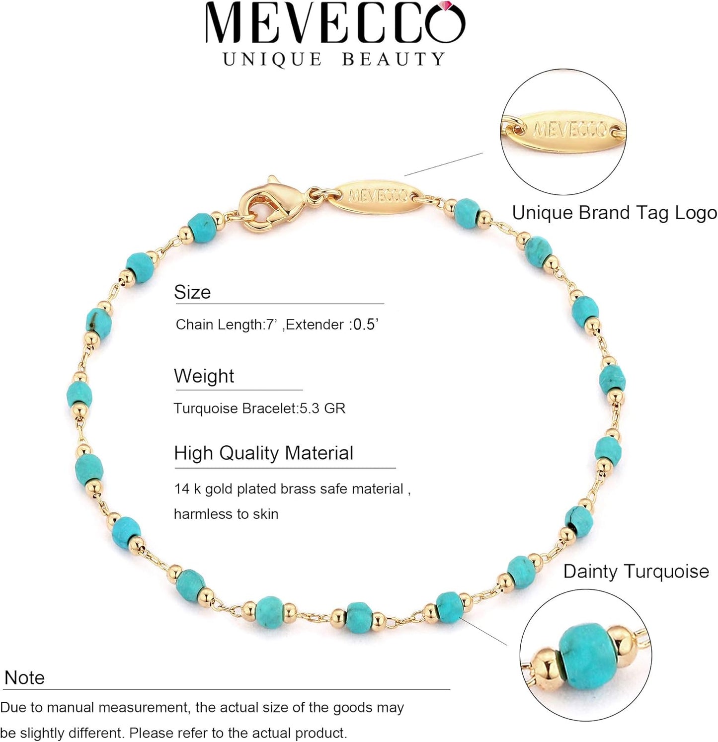 Gold Round Turquoise Beaded Bracelets,14K Gold Plated Handmade Cute Dainty Bracelet for Women