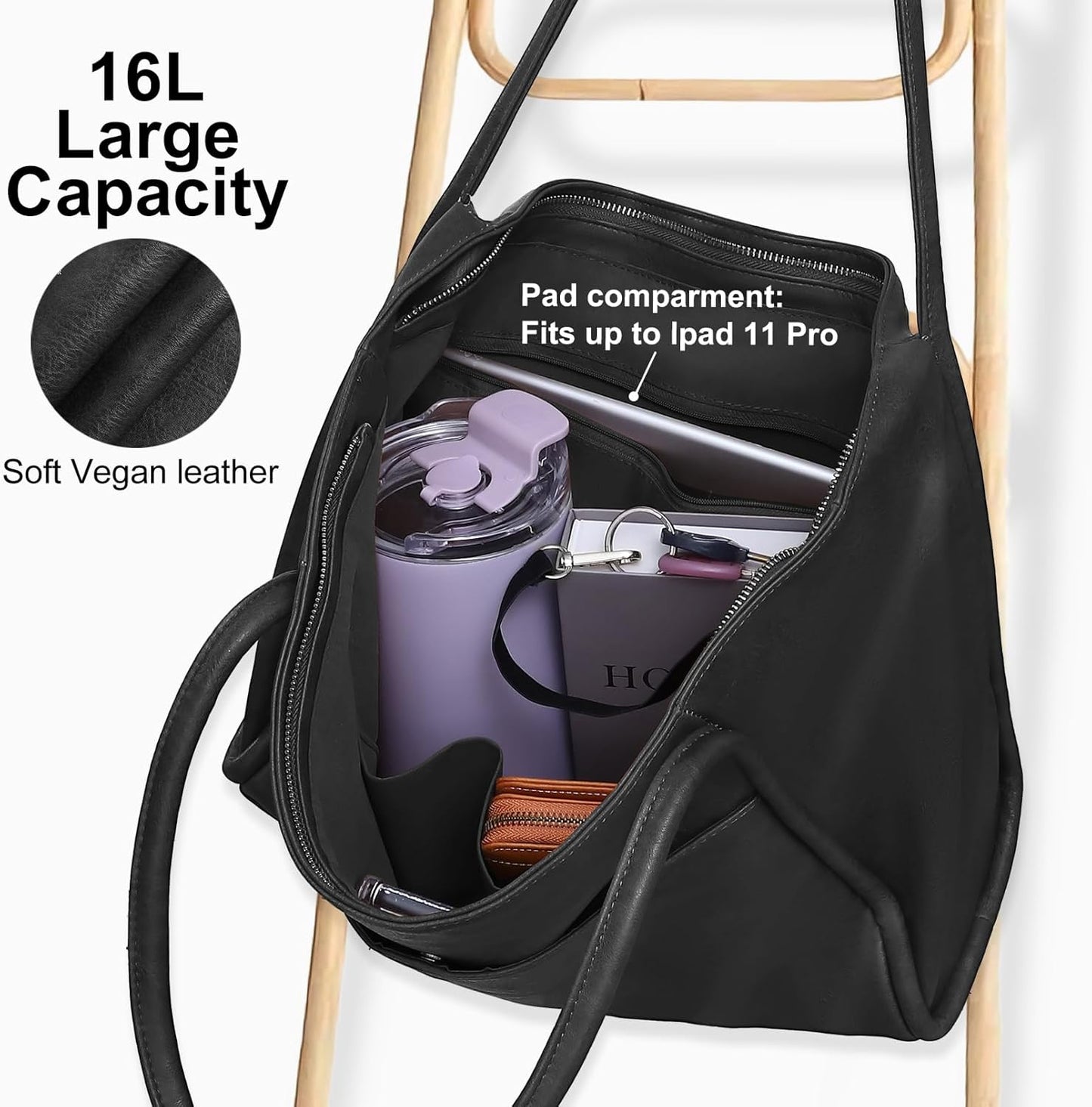 Large Tote Bag for Women Work with Zipper 16L Vegan Leather Ladies Travel Purses and Handbags