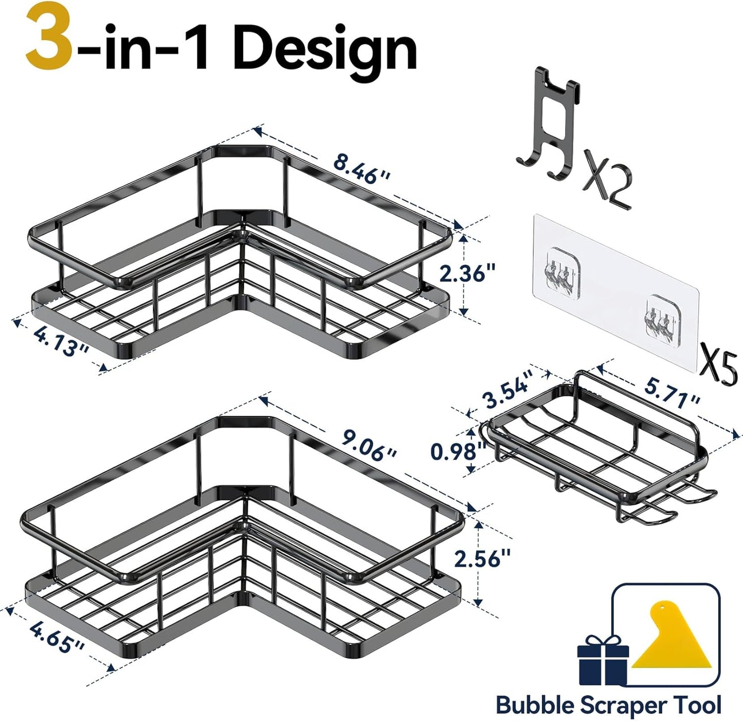 Shower Caddy Corner, 3-Pack Adhesive Rustproof Stainless Steel Shower Shelves, No Drilling