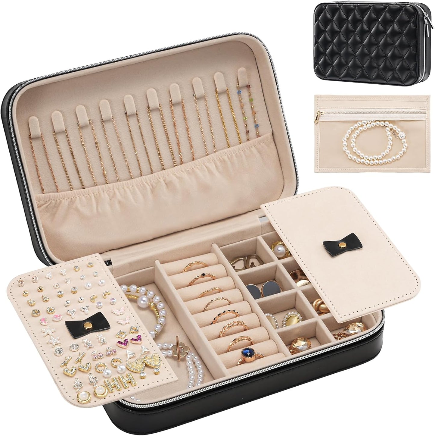 Travel Jewelry Organizer Box with Mirror & Clear Storage Bag, Small Portable Traveling Earring Necklace Bracelet Ring Case