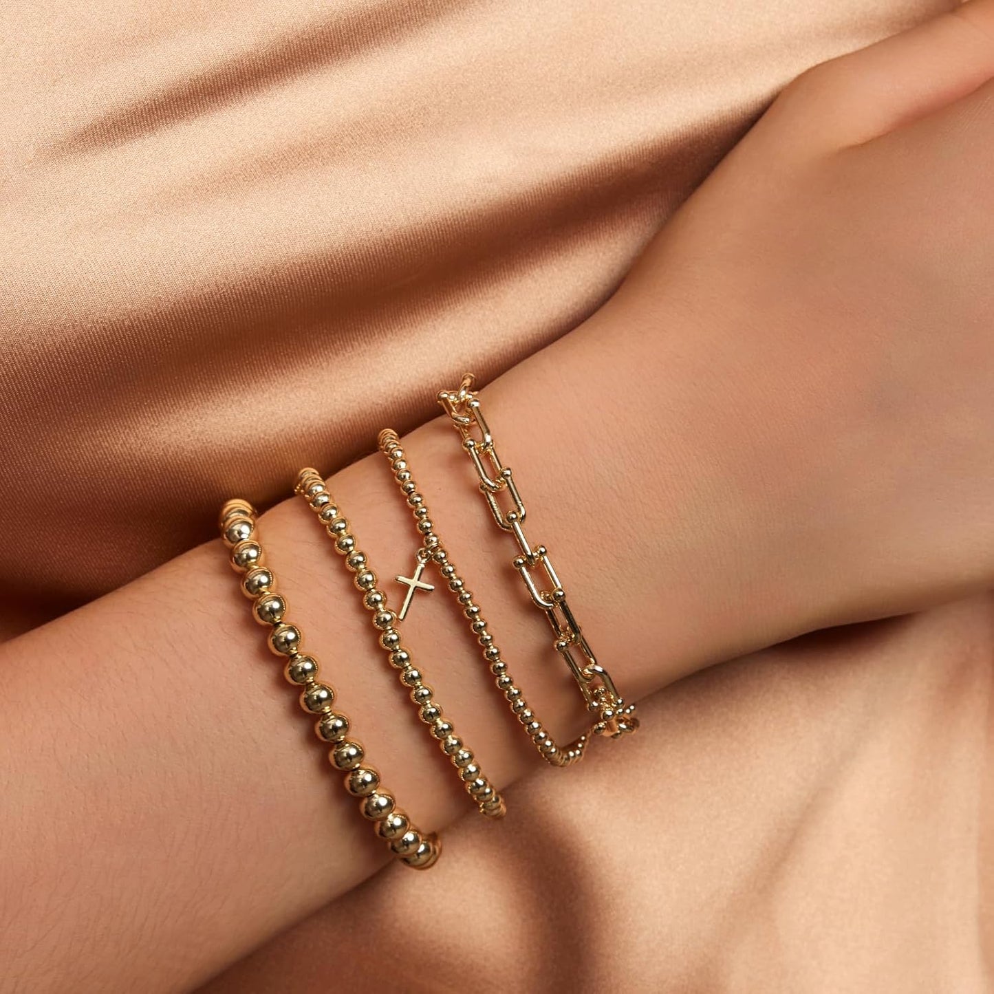 Gold Bracelets for Women 14K Gold Plated Cross Bracelet Strand Bead Ball Bracelets stack Set Chunky Chain Bracelet Trendy