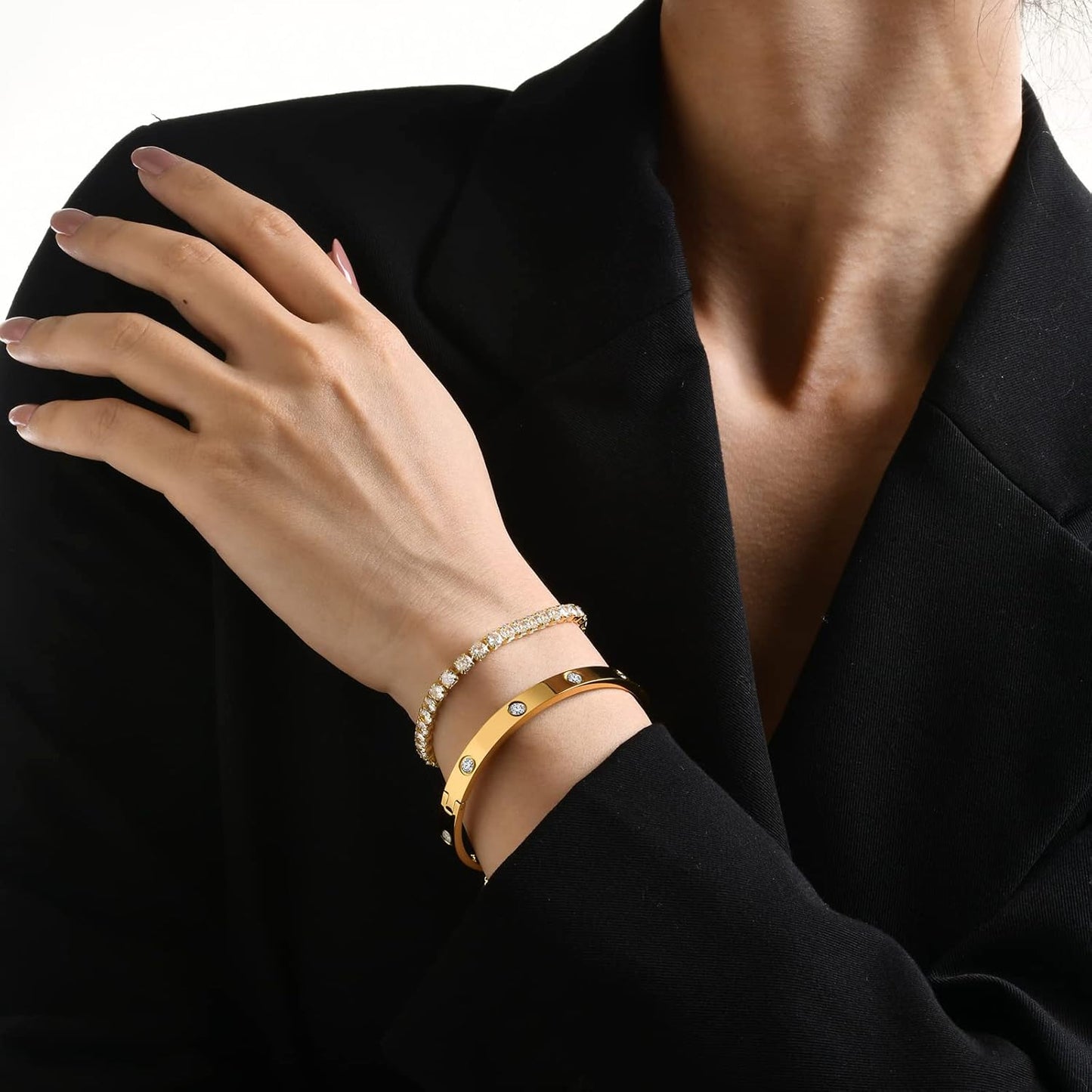 2pcs Gold Chain Link Bracelet, Stainless Steel Crystal Friendship Bracelets Bangle,Watch Band Chains Wristband