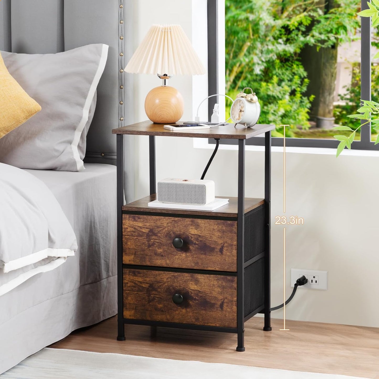 Set 2 Nightstand with Charging Station, End Tables with Storage Shelf , Bedside with 2 Fabric Drawers