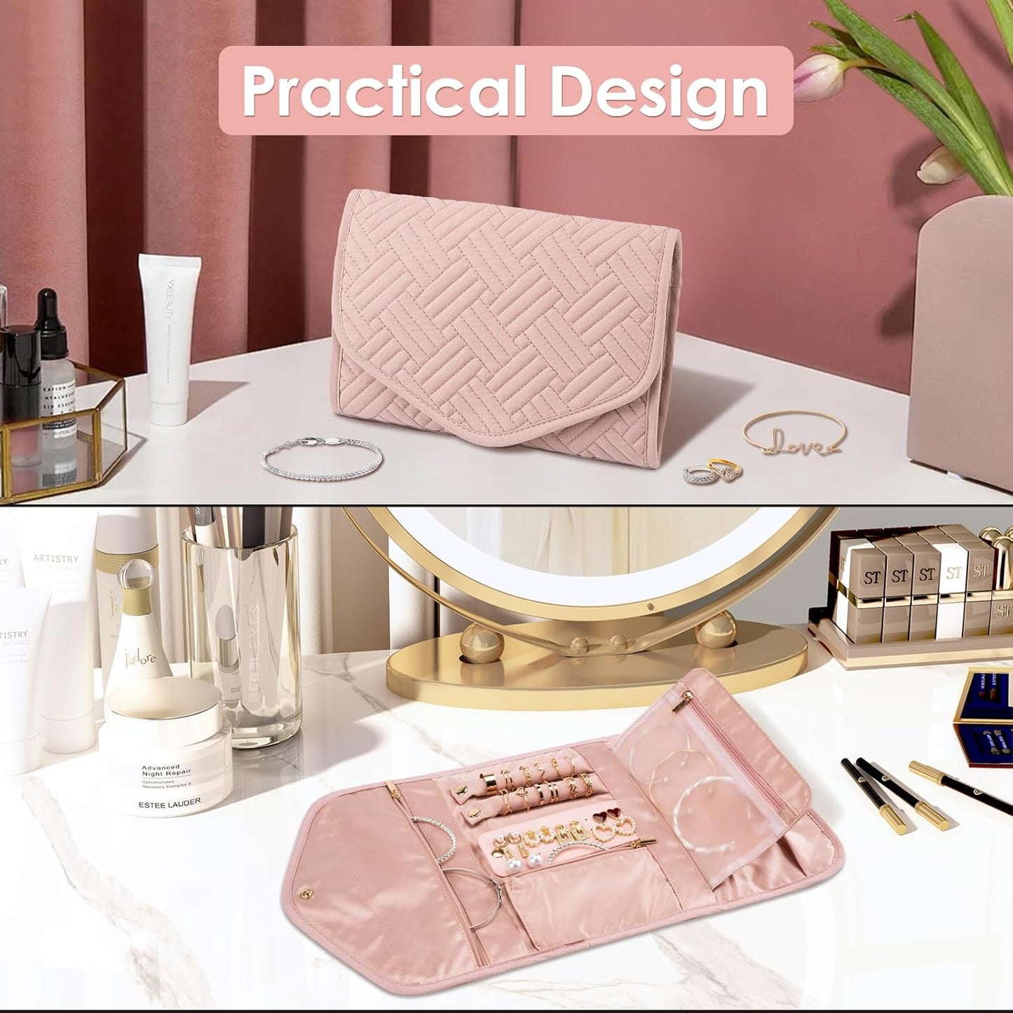 Anti-Tangle Foldable Small Jewelry Roll Travel Case Accessory for Necklaces, Earrings, Rings, Bracelets, Watches
