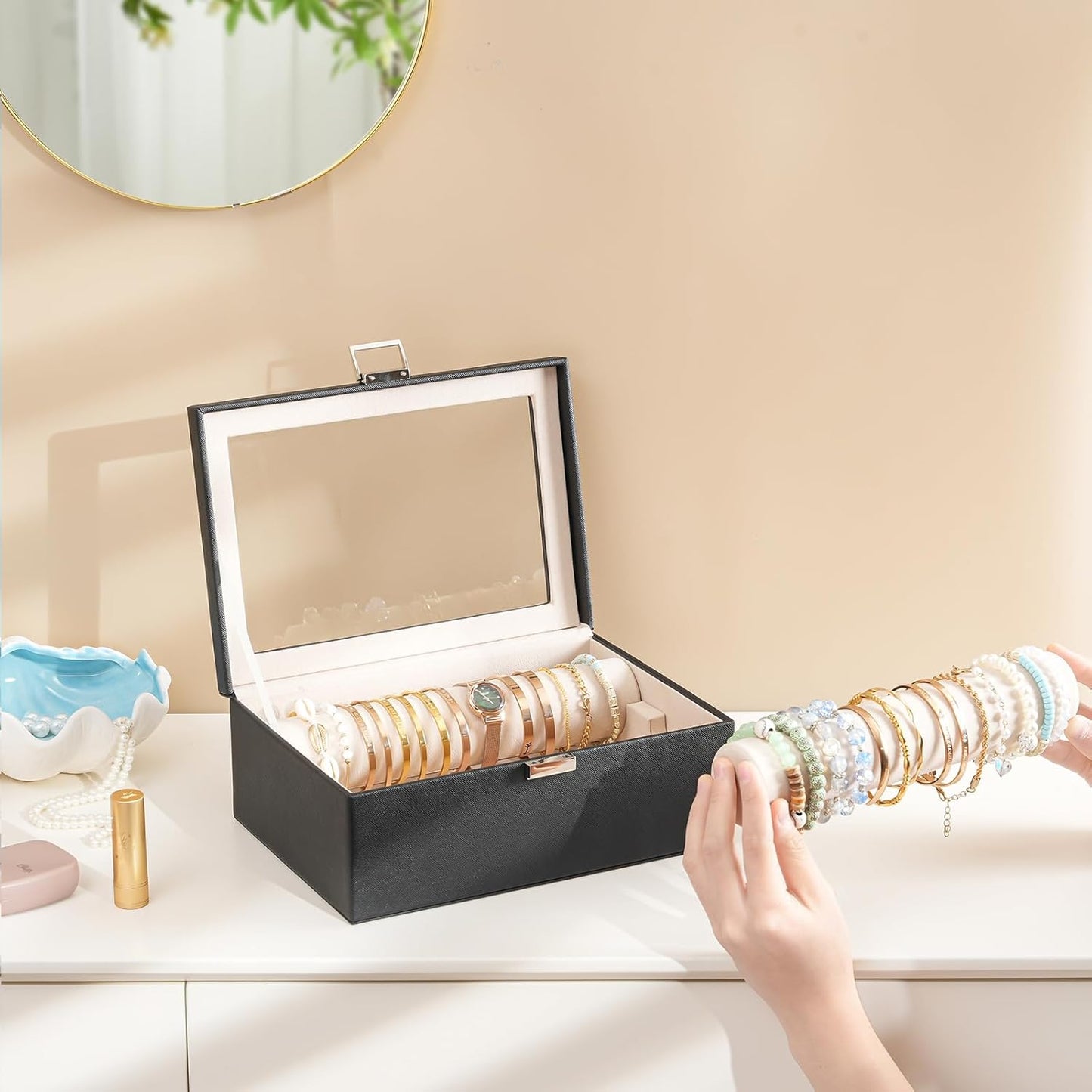 Bracelet Display Holder with Rods for Bangles Watches, Clear Lid Jewelry Organizer Box
