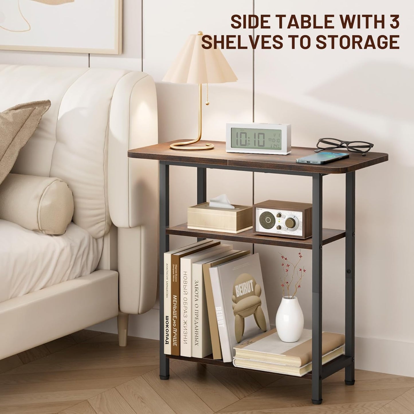 Side Table for Living Room, 3-Tier End Table for Small Space with Wide Storage Tabletop