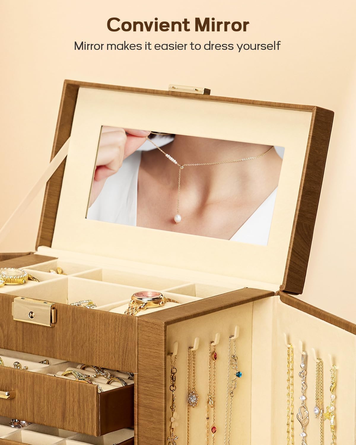 Synthetic Leather Huge Jewelry Box Mirrored Watch Organizer Necklace Ring Earring Storage Lockable