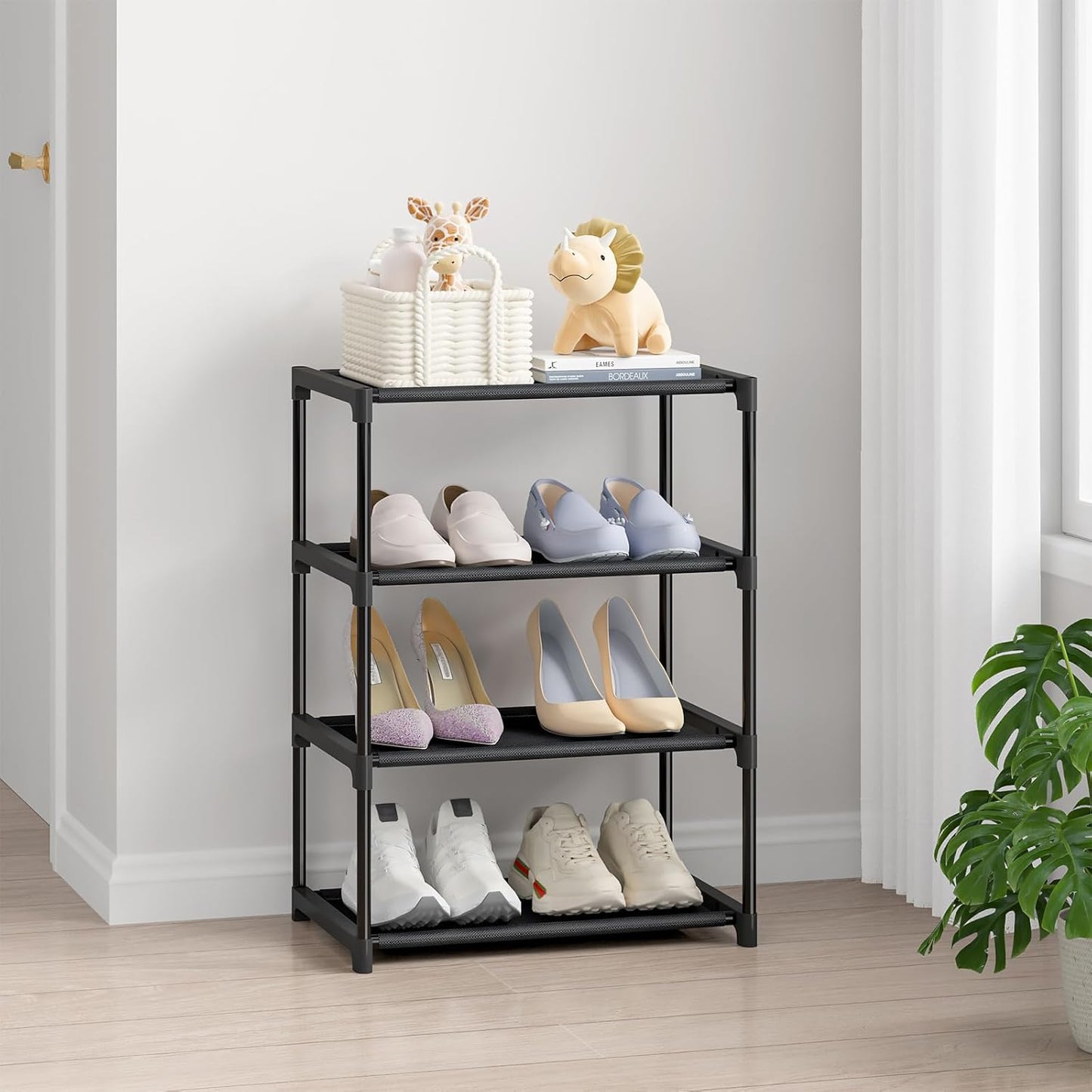 4 Tier Small Shoe Rack, Narrow Stackable  Adult Shoe Storage Organizer