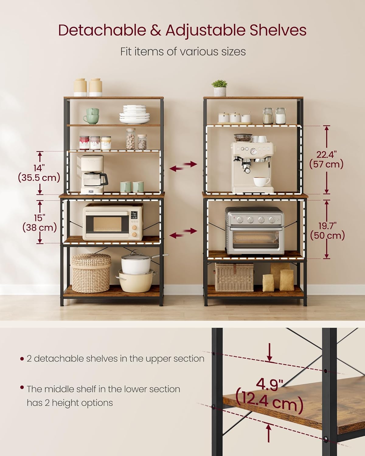 Coffee Bar, 31.5 Inches Baker's Rack for Kitchen with Storage, 6-Tier Kitchen Shelves with 6 Hooks, Microwave Stand