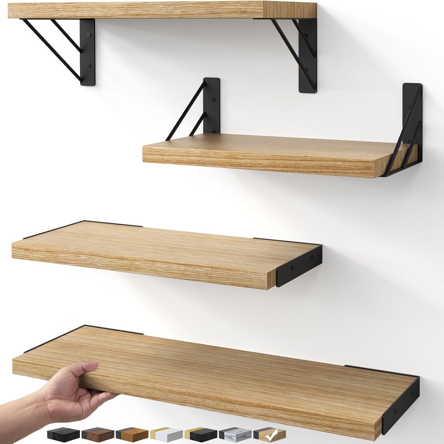 Wall Mounted Floating Shelves, Wood Floating Wall Shelf for Books & Decor（Set of 4）