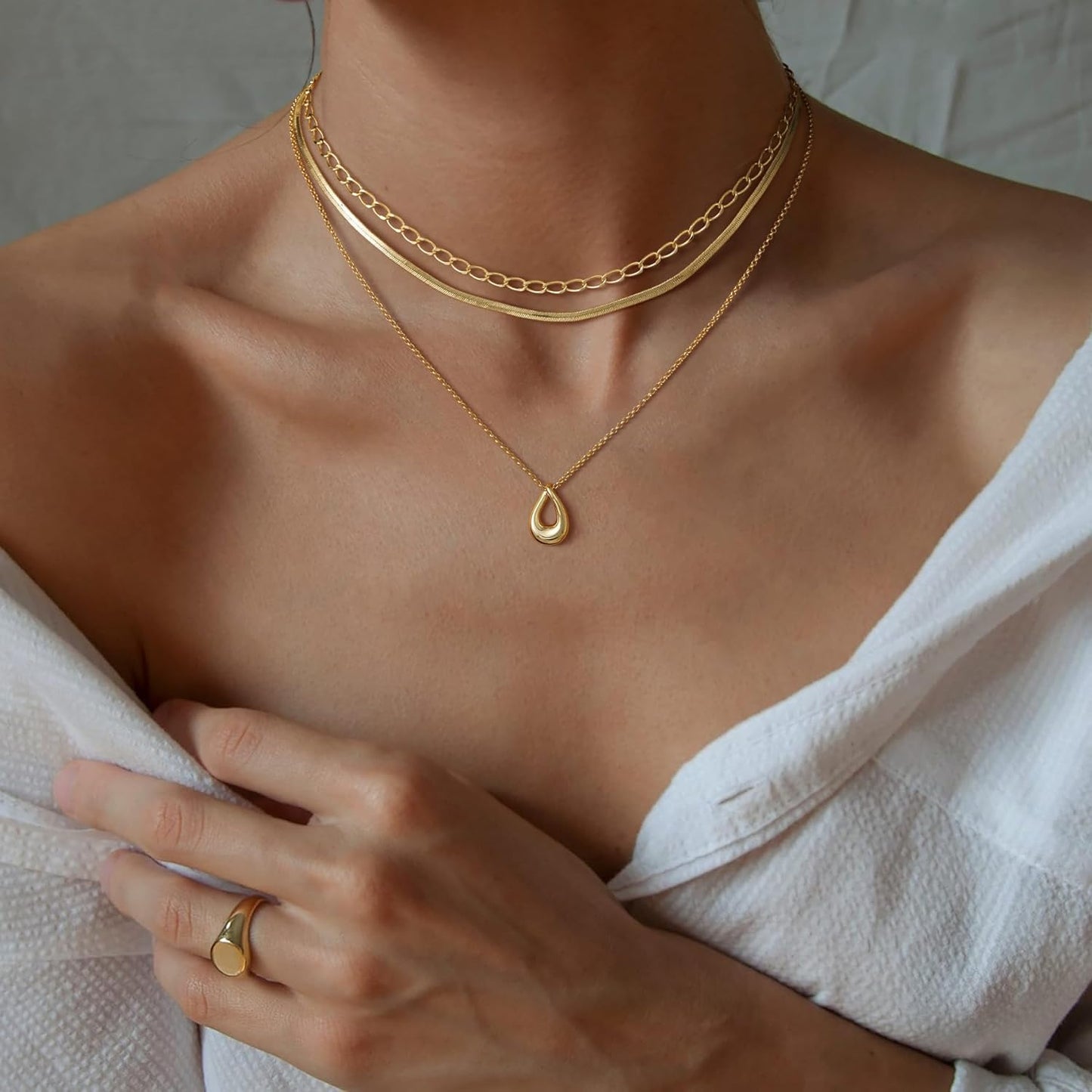 "14K Gold/Silver Plated 3Pcs Layered Necklace Set, Dainty Herringbone Choker & Chain, Trendy Stackable Jewelry for Women"
