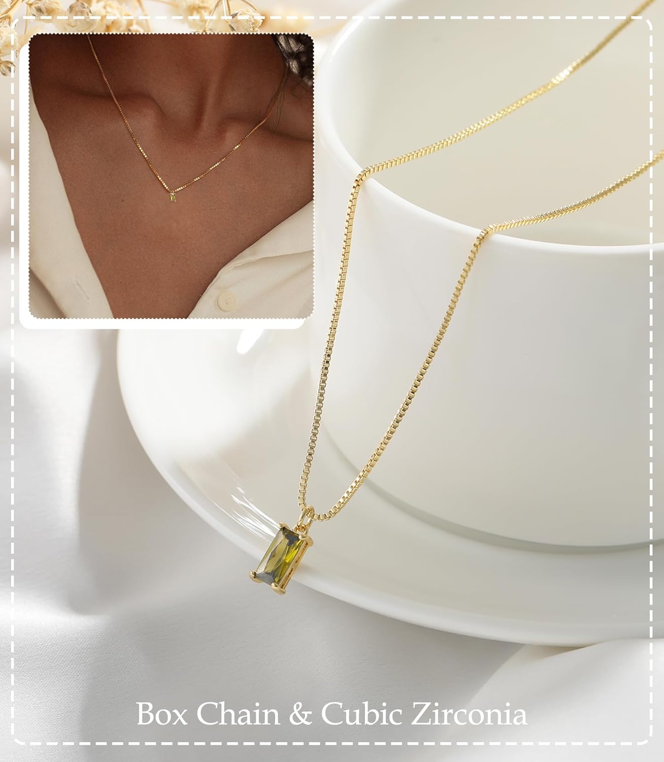 Emerald Birthstone Necklace, 14K Gold Plated Dainty Pendant for Women & Mothers, Green Cubic Zirconia Birthday Gift Jewelry