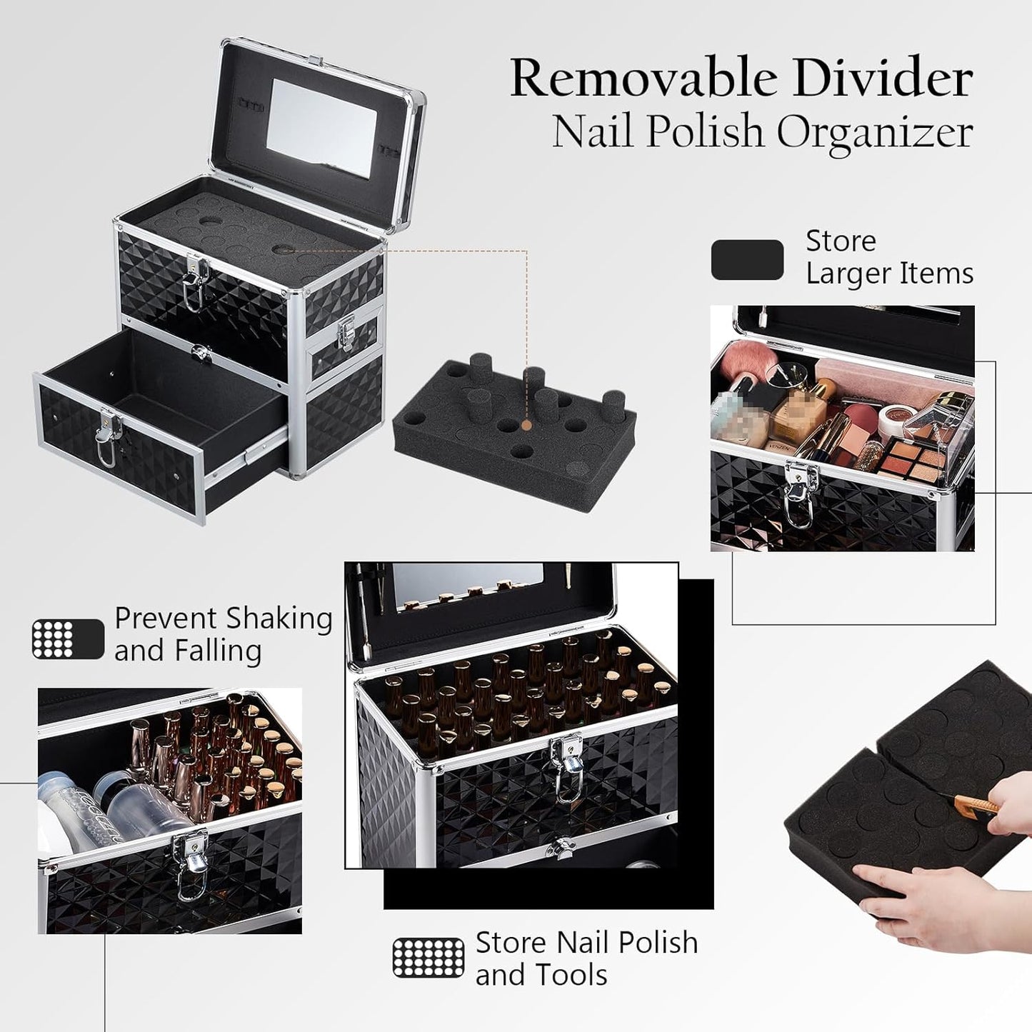 Nail Polish Makeup Case with Drawer and Dividers Manicure  Makeup Box With Mirror Lockable Keys Box