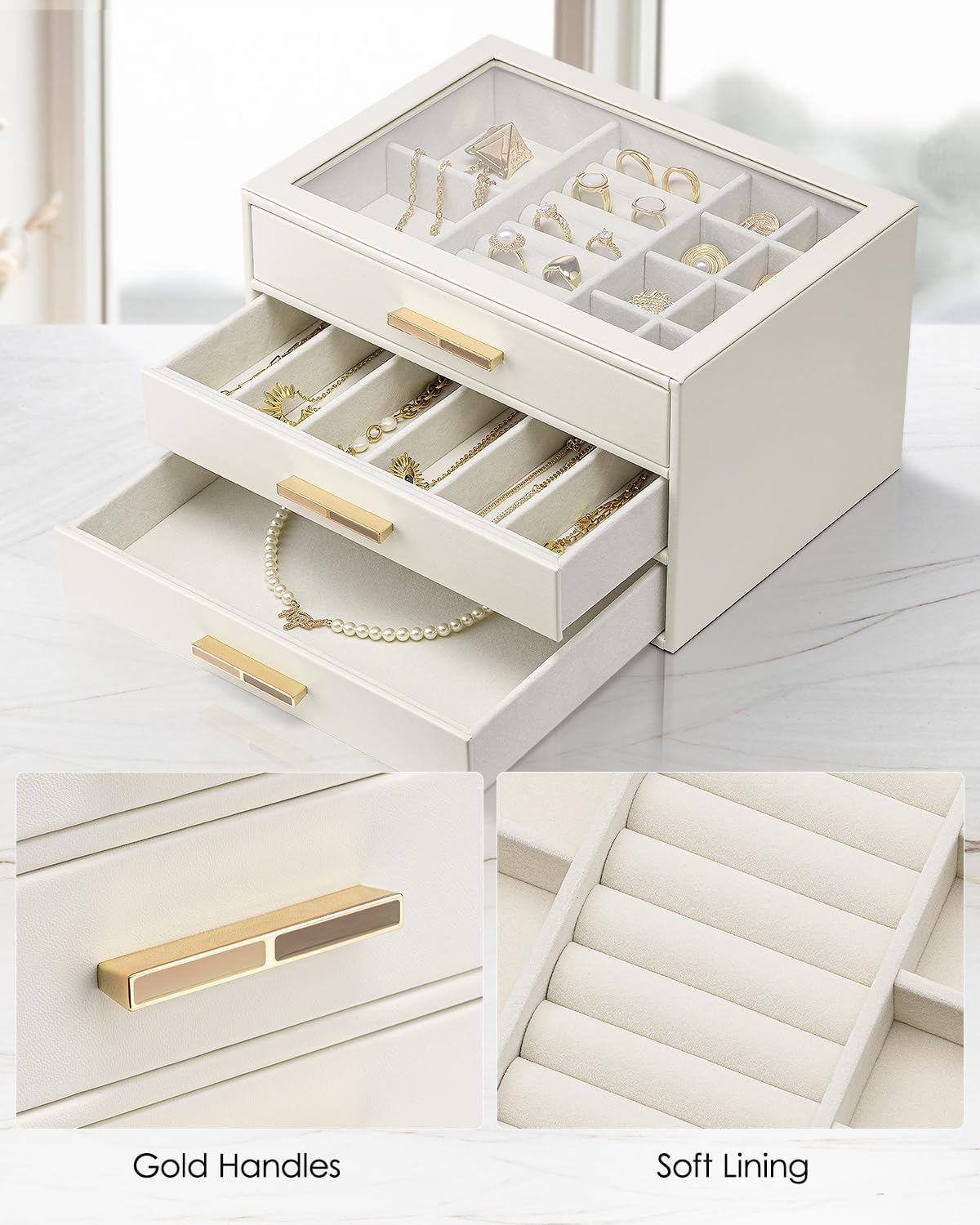 Jewelry Box for Women, Glass Lid Jewelry Organizer with 3 Drawers for Necklaces Rings Earrings Bracelets-Mother Cloud White