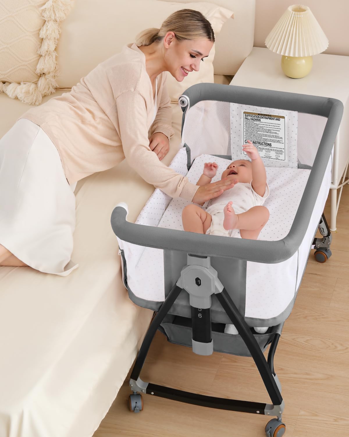 Bassinet Bedside Sleeper with Wheels, Breathable Mesh Bedside Bassinet for Baby, Mosquito Net, Storage Basket