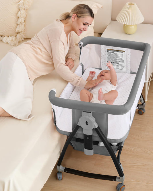 Bassinet Bedside Sleeper with Wheels, Breathable Mesh Bedside Bassinet for Baby, Mosquito Net, Storage Basket