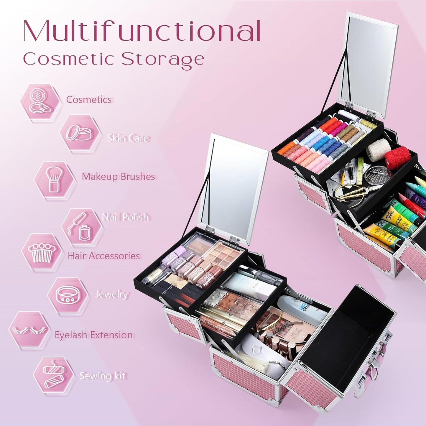 Makeup Organizer Portable Cosmetic Box Storage with 2 Trays Mirror Locking Make Up Travel Case