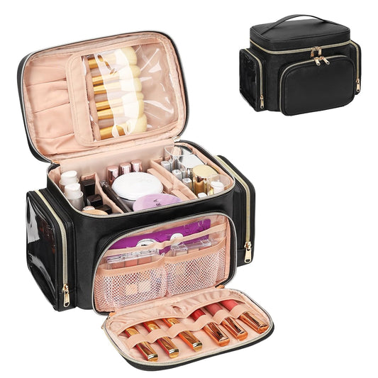 Large Makeup Bag, Organizer for Women Girls with Makeup Brush Compartment & Two Side Pockets