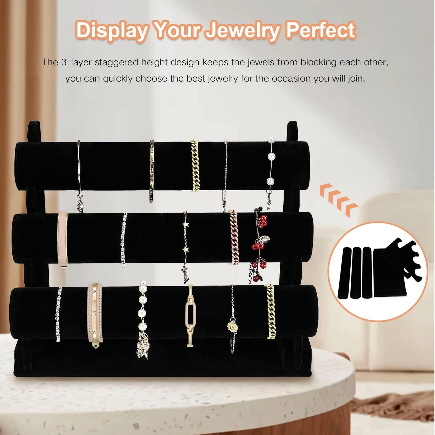 3 Tier Rack, Black Detachable Jewelry Display Stand T-Bar Necklace Storage Organizer