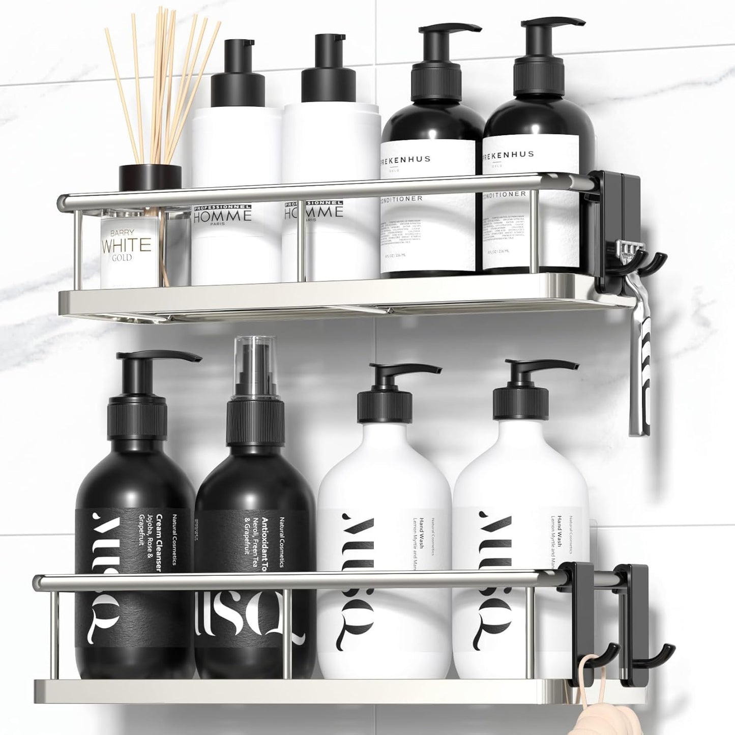 Shower Caddy Adhesive,   Storage, Shower Storage with Removable Hooks, No Drill Bathroom